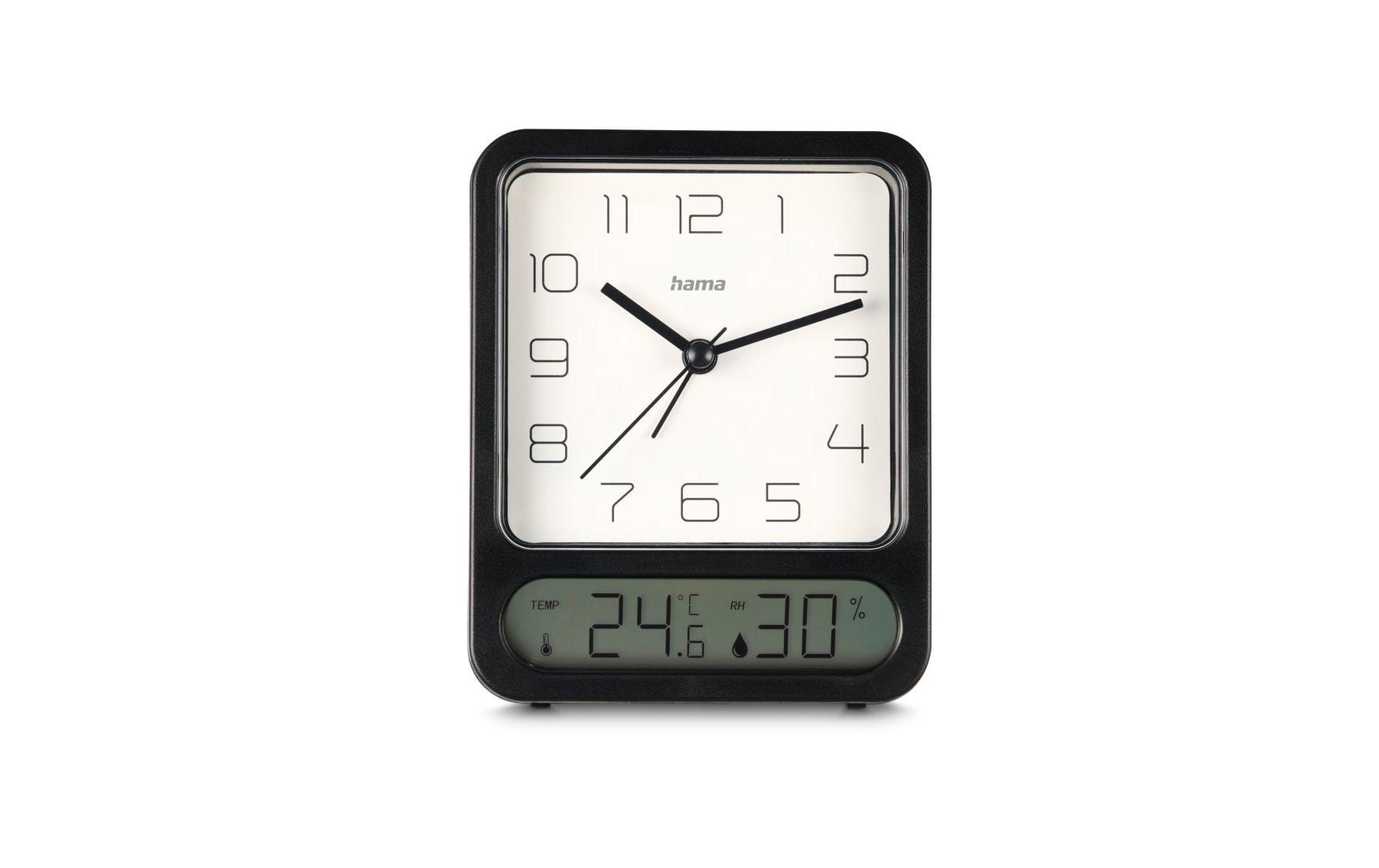 Hama Pag Quarz-Wecker – Analog, lautlos, Thermometer/Hygrometer, 9,5 × 12,5 × 4,9 cm, schwarz