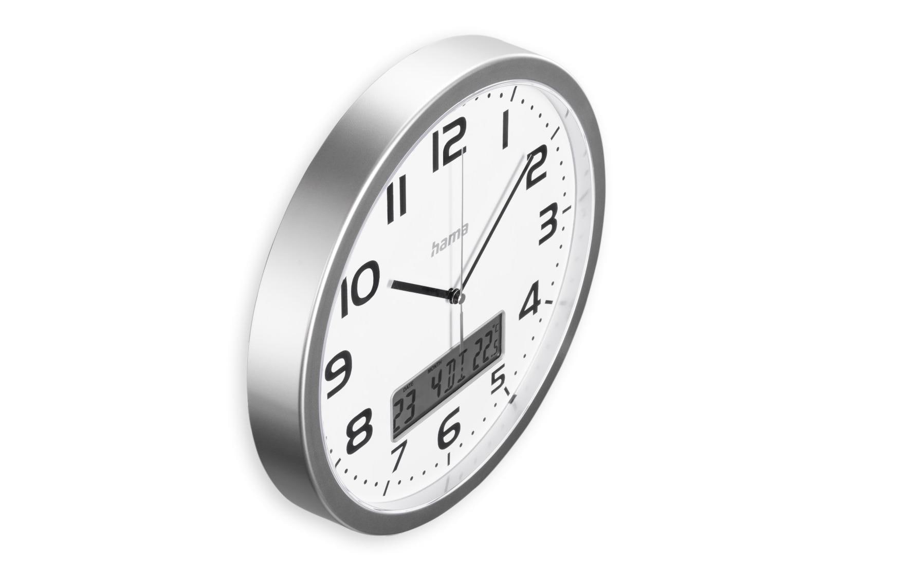Hama Wanduhr Moorea – Funk – Ø 30 cm, Silber, Kunststoff, Thermometer, Datum