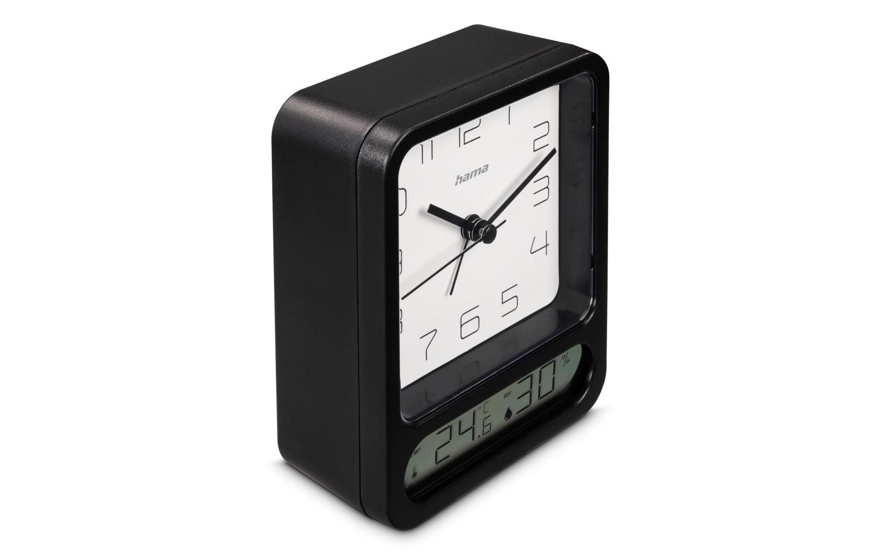 Hama Pag Quarz-Wecker – Analog, lautlos, Thermometer/Hygrometer, 9,5 × 12,5 × 4,9 cm, schwarz
