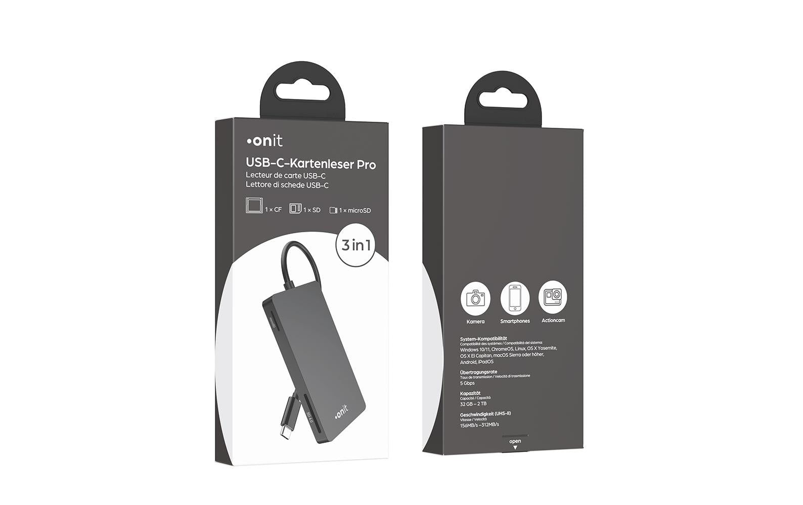 ONIT USB-Kartenleser USB-C – SD/microSD/CF – USB 3.2 Gen 1 (5 Gbit/s) – für Windows, MacOS, Android und mehr