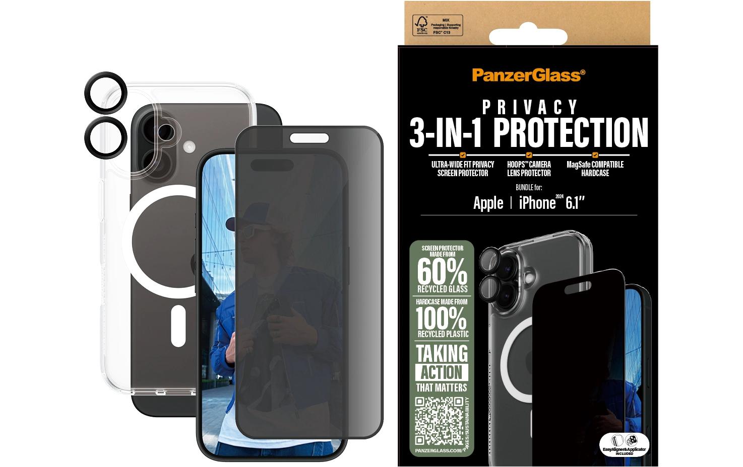 PanzerGlass Schutz-Set 3-in-1 Privacy-Filter – für Apple iPhone 16, kratzresistent, stossfest