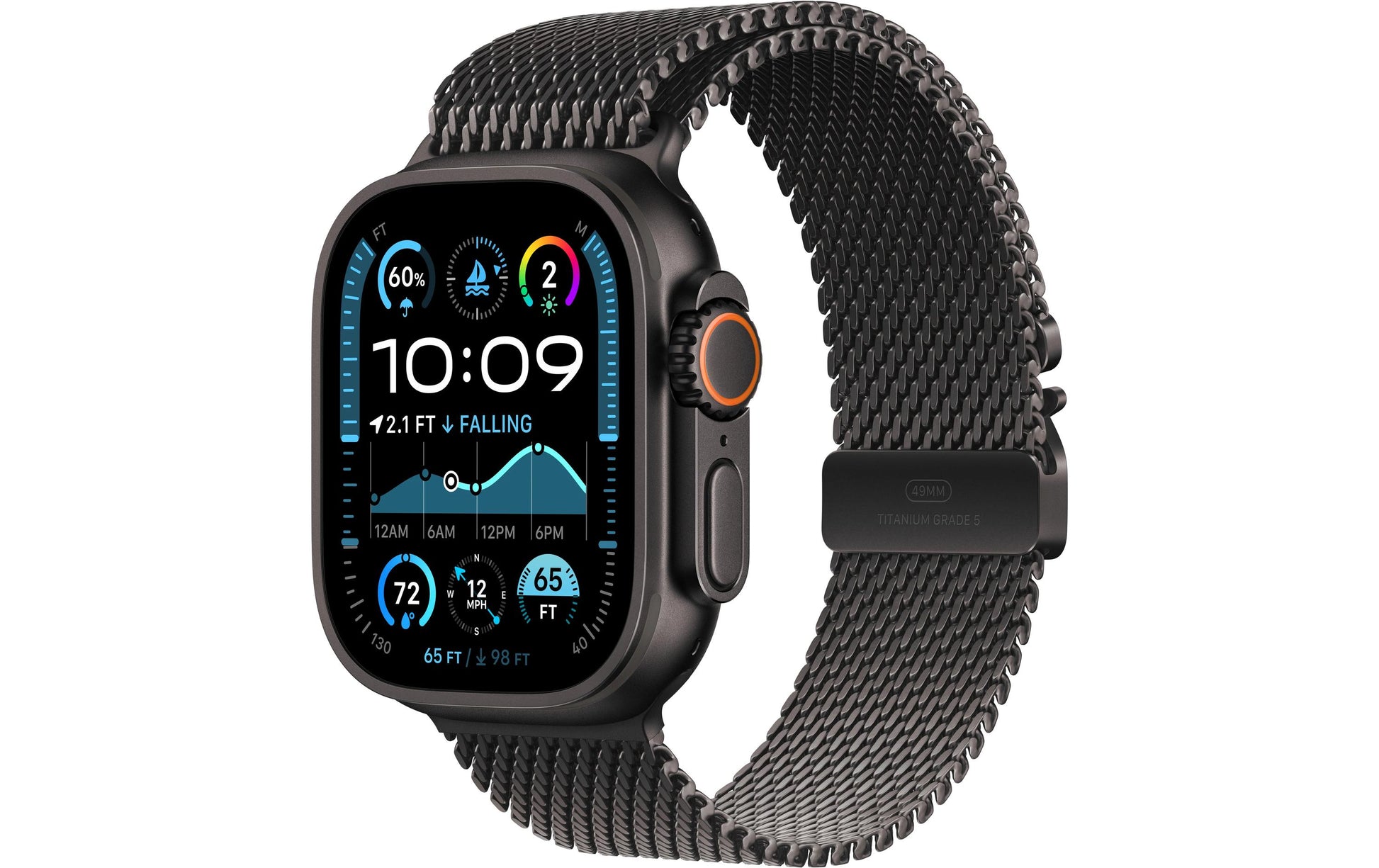 Apple Watch Ultra 2 – Smartwatch – 49 mm, LTE, OLED, Saphirglas, 100 m, Schwarz Titan, Mailänder Schlaufe (M)