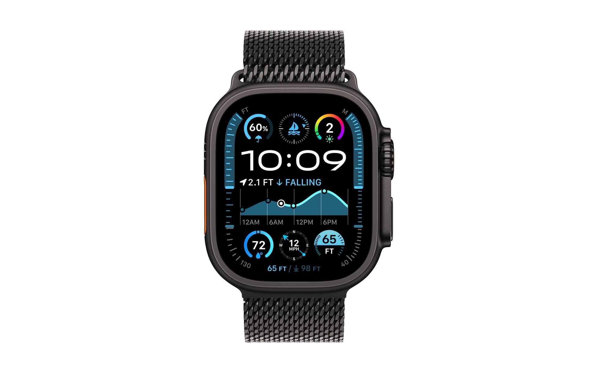 Apple Watch Ultra 2 – Smartwatch – 49 mm, LTE, OLED, Saphirglas, 100 m, Schwarz Titan, Mailänder Schlaufe (M)