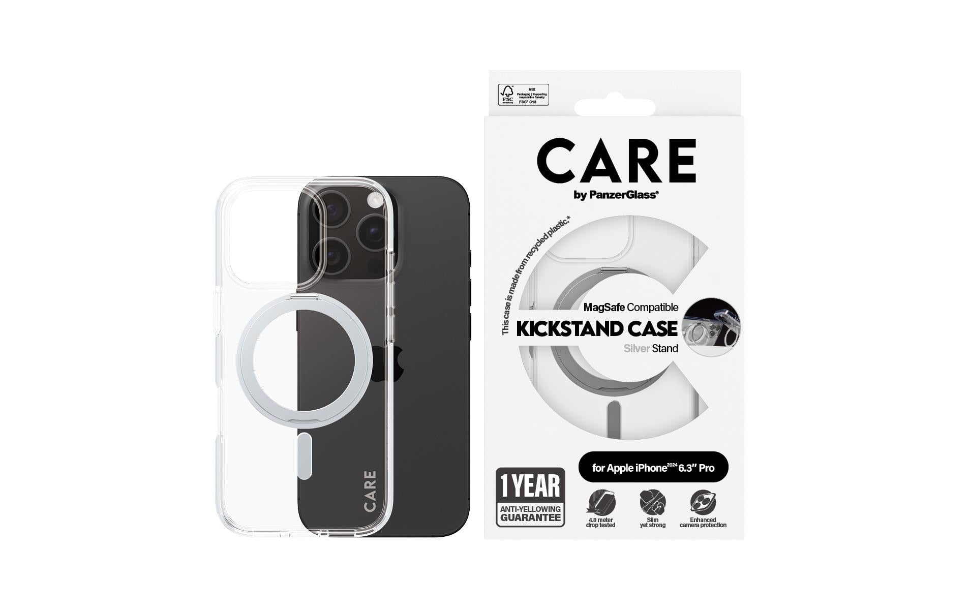 PanzerGlass CARE Backcover – für Apple iPhone 16 Pro, Transparent/Silber, bis 4,8 m sturzsicher