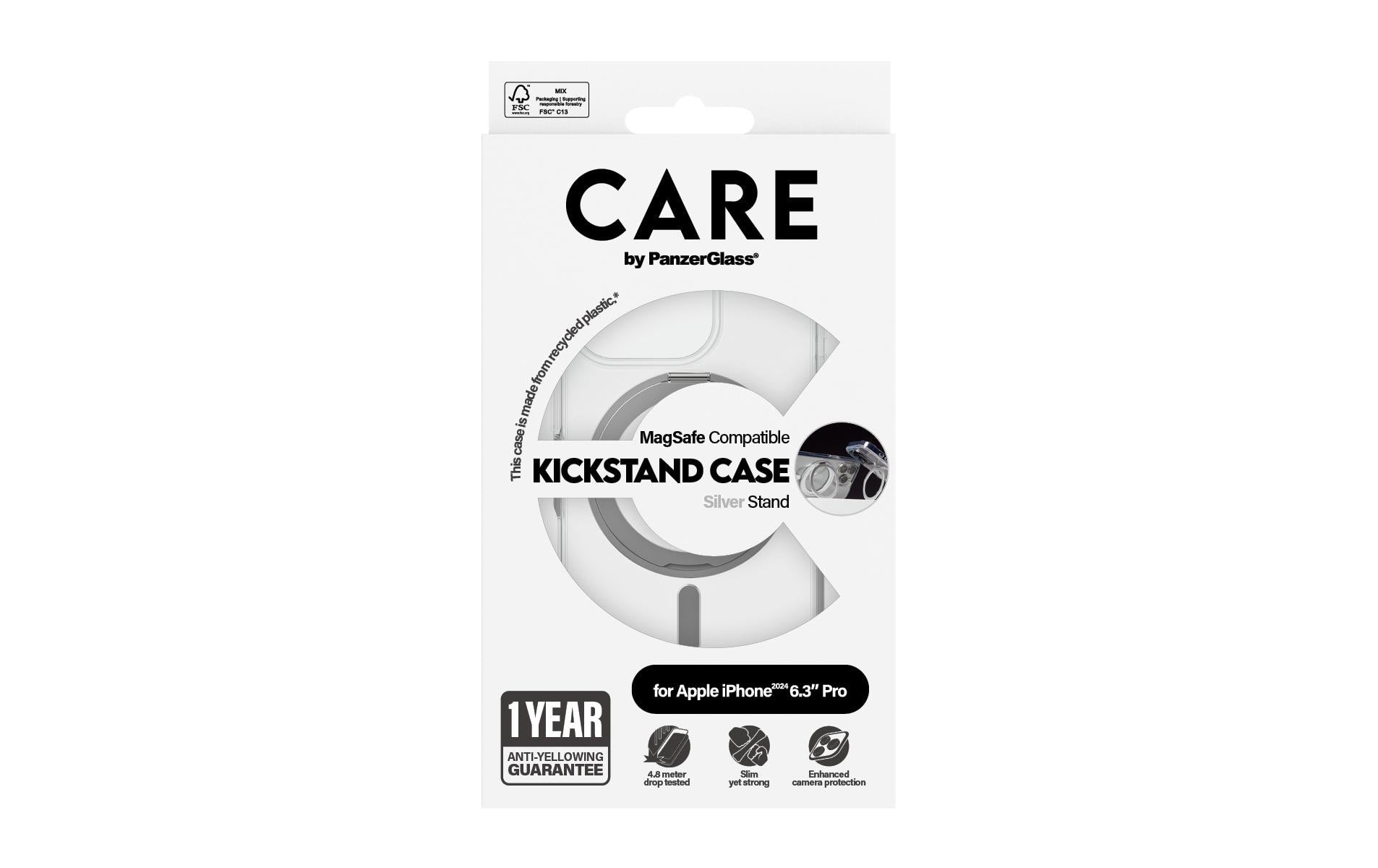 PanzerGlass CARE Backcover – für Apple iPhone 16 Pro, Transparent/Silber, bis 4,8 m sturzsicher