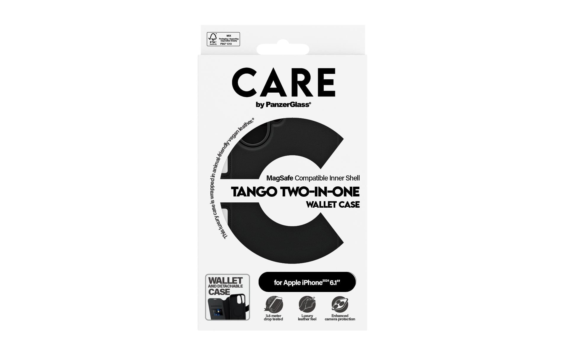 PanzerGlass Feature Tango Wallethülle – für Apple iPhone 16, MagSafe, mit Kartenfach, Pflanzenleder, Schwarz