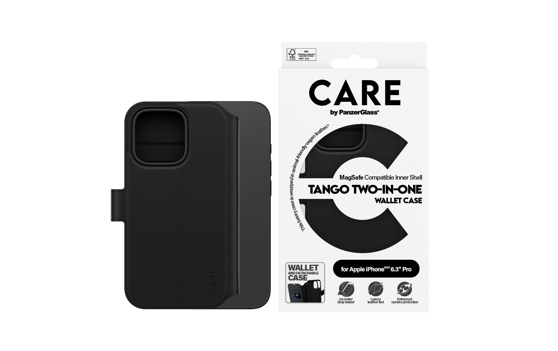 PanzerGlass CARE Feature Tango Wallethülle – für Apple iPhone 16 Pro, MagSafe, mit Kartenfach, PU, Schwarz