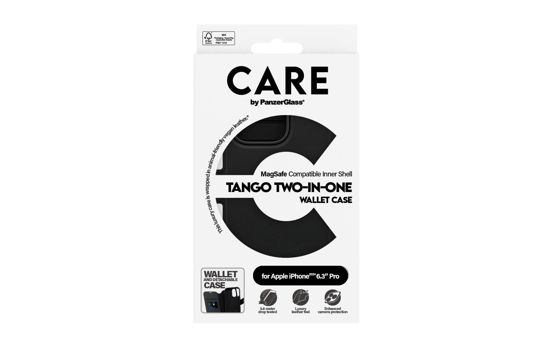 PanzerGlass CARE Feature Tango Wallethülle – für Apple iPhone 16 Pro, MagSafe, mit Kartenfach, PU, Schwarz
