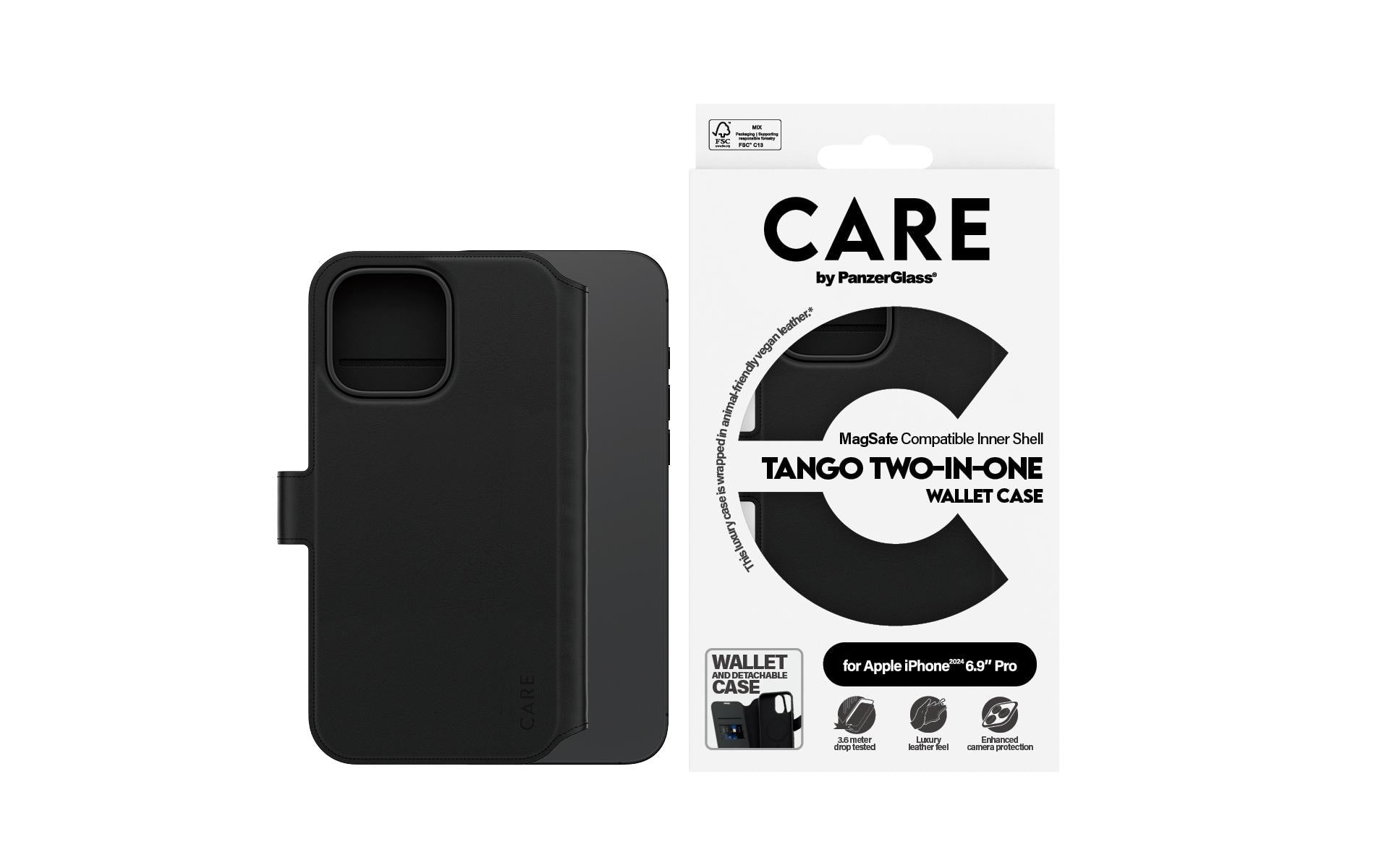 PanzerGlass CARE Feature Tango Wallethülle – für Apple iPhone 16 Pro Max, MagSafe, mit Kartenfach, PU, Schwarz