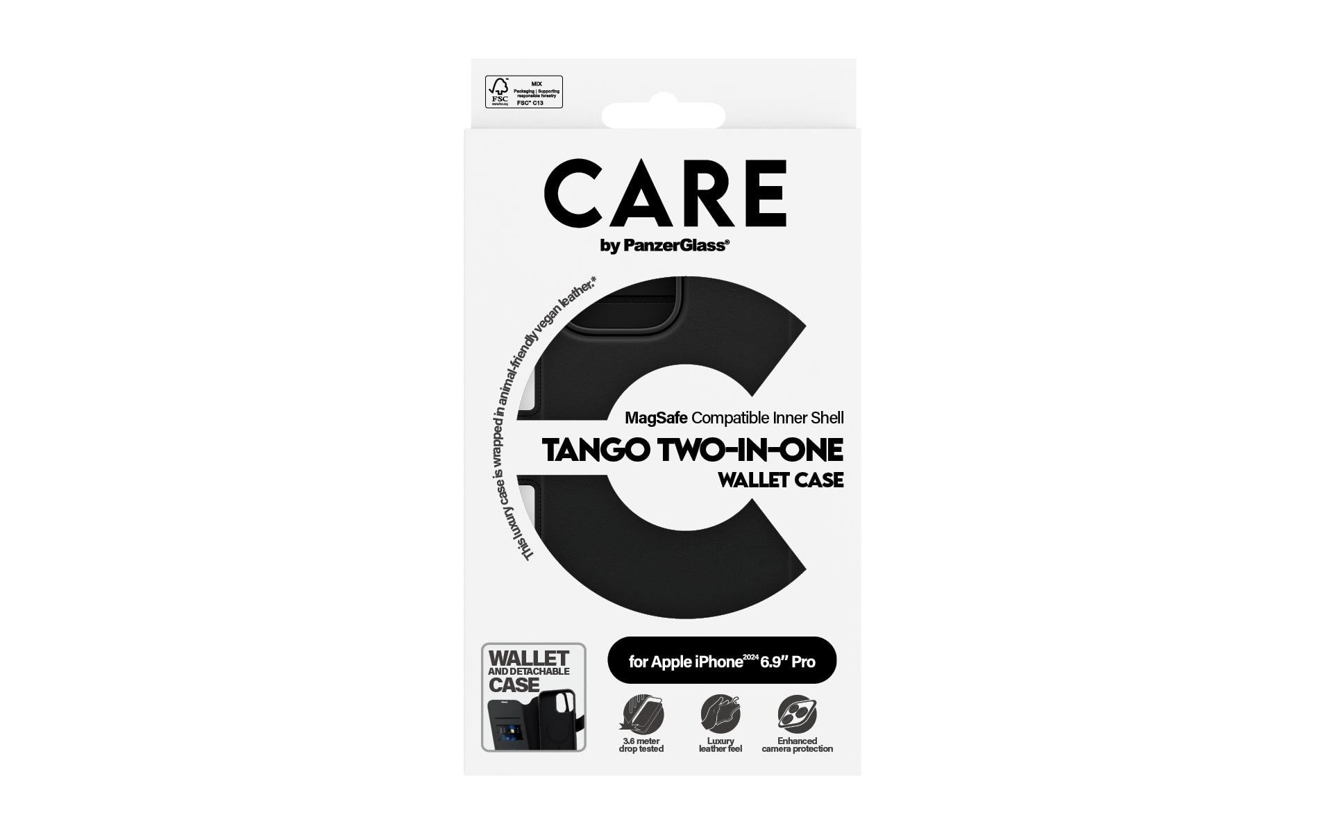PanzerGlass CARE Feature Tango Wallethülle – für Apple iPhone 16 Pro Max, MagSafe, mit Kartenfach, PU, Schwarz