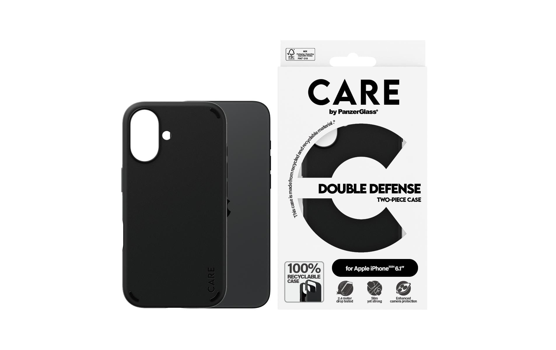 PanzerGlass CARE Backcover – für Apple iPhone 16, Recycling-Kunststoff, schwarz, bis 4,8 m sturzsicher