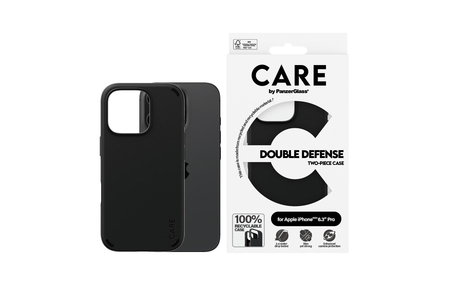 PanzerGlass CARE Feature Backcover – für Apple iPhone 16 Pro, Kunststoff, Schwarz, bis 4,8 m sturzsicher