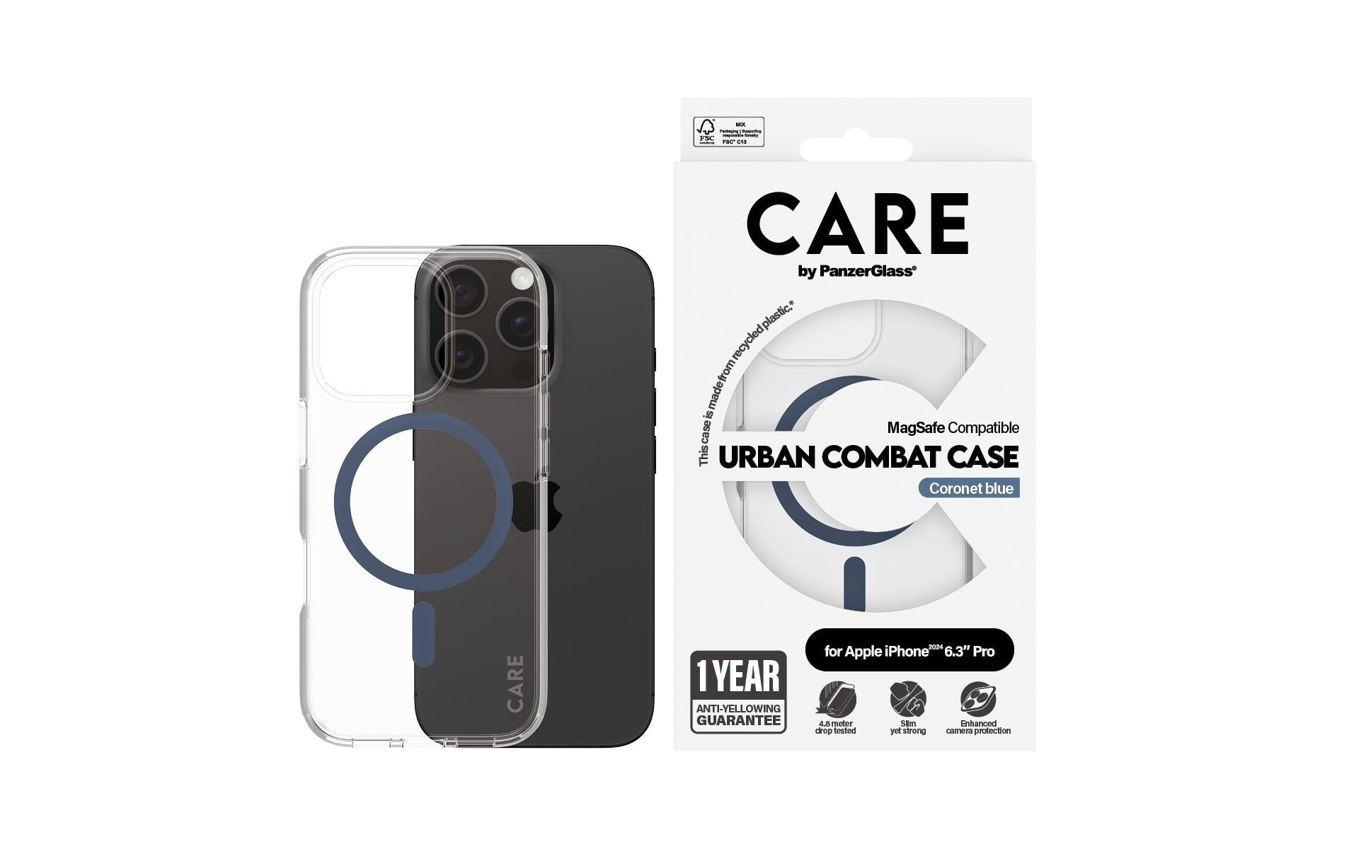 PanzerGlass CARE Backcover – für Apple iPhone 16 Pro, Recycling-Kunststoff, blau, bis 4,8 m sturzsicher