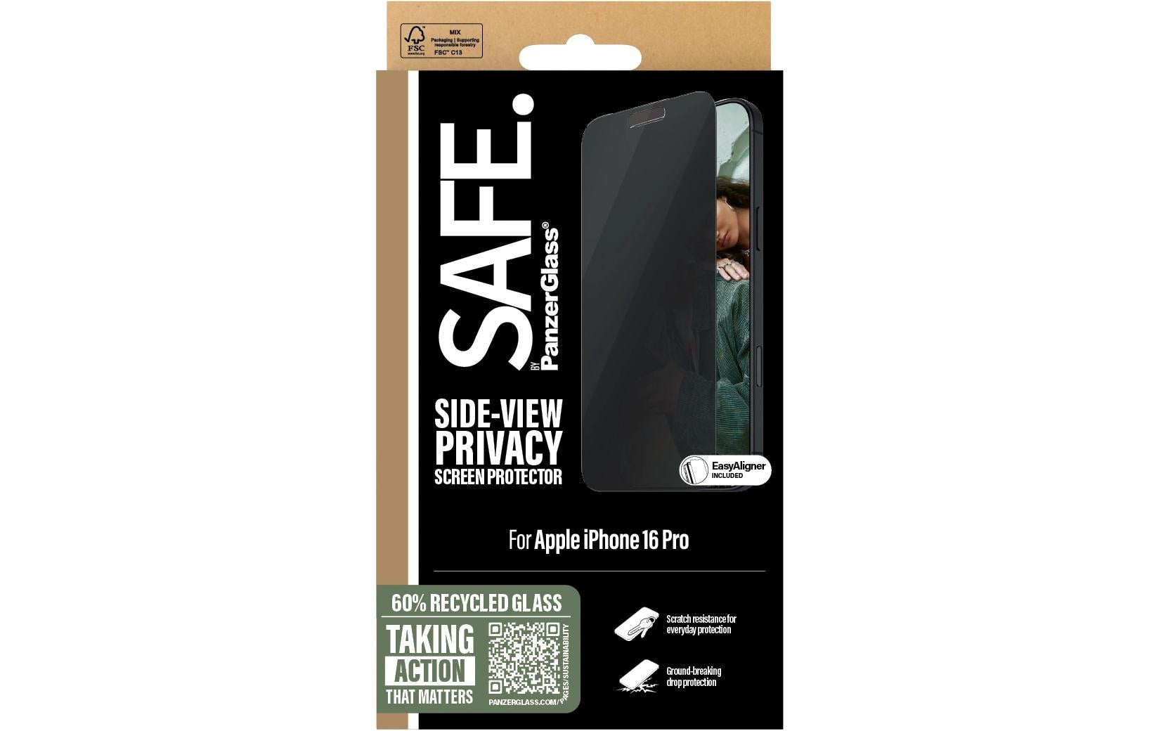 PanzerGlass SAFE. – Privacy-Filter (Panzerglas), Ultra-Wide Fit – für iPhone 16 Pro – mit Applikator