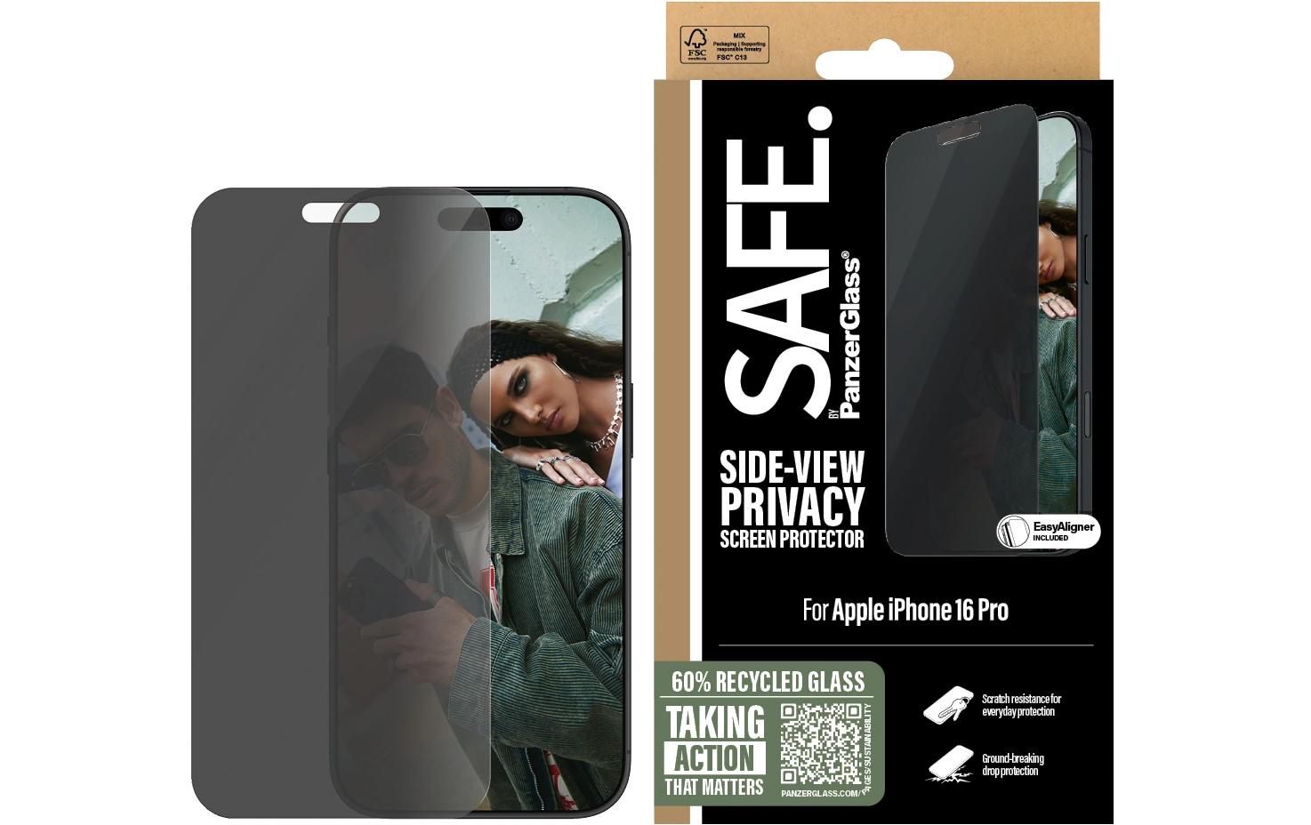 PanzerGlass SAFE. – Privacy-Filter (Panzerglas), Ultra-Wide Fit – für iPhone 16 Pro – mit Applikator
