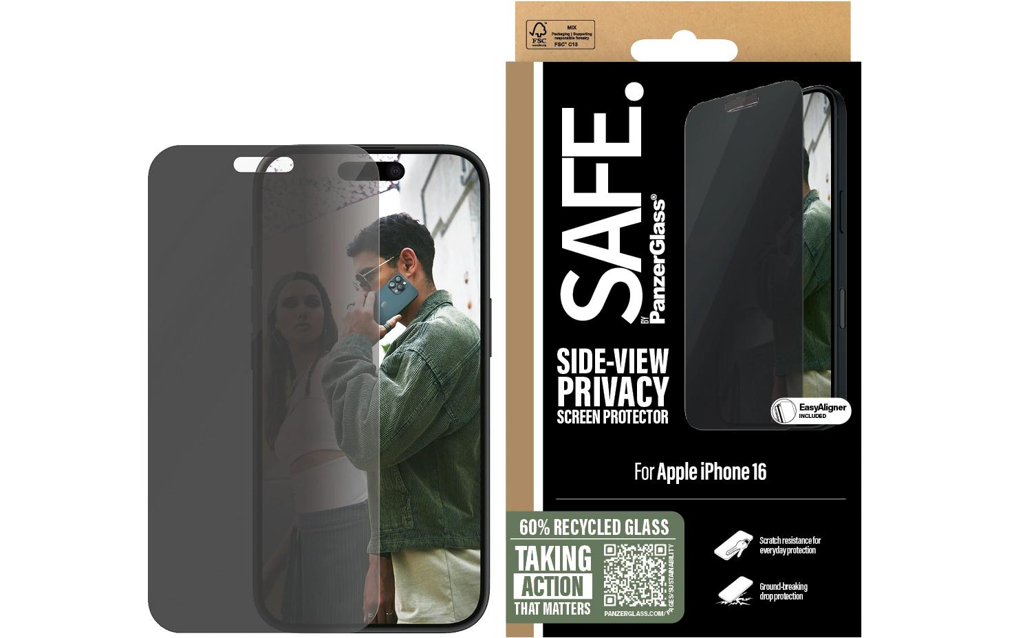 PanzerGlass SAFE. – Privacy-Filter (Panzerglas), Ultra-Wide Fit – für iPhone 16/iPhone 15 – mit Applikator