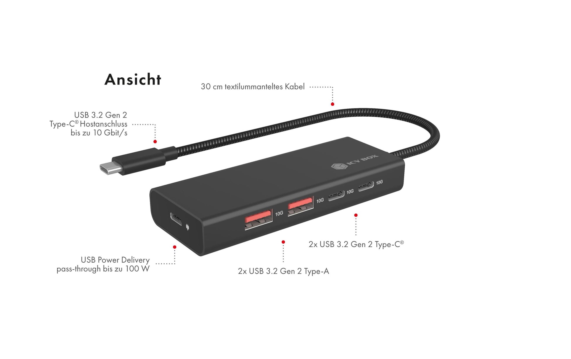 ICY BOX IB-HUB1436-CPD USB-Hub – USB-C, 2× USB-A, 2× USB-C, 100 W PD, für Windows/Mac
