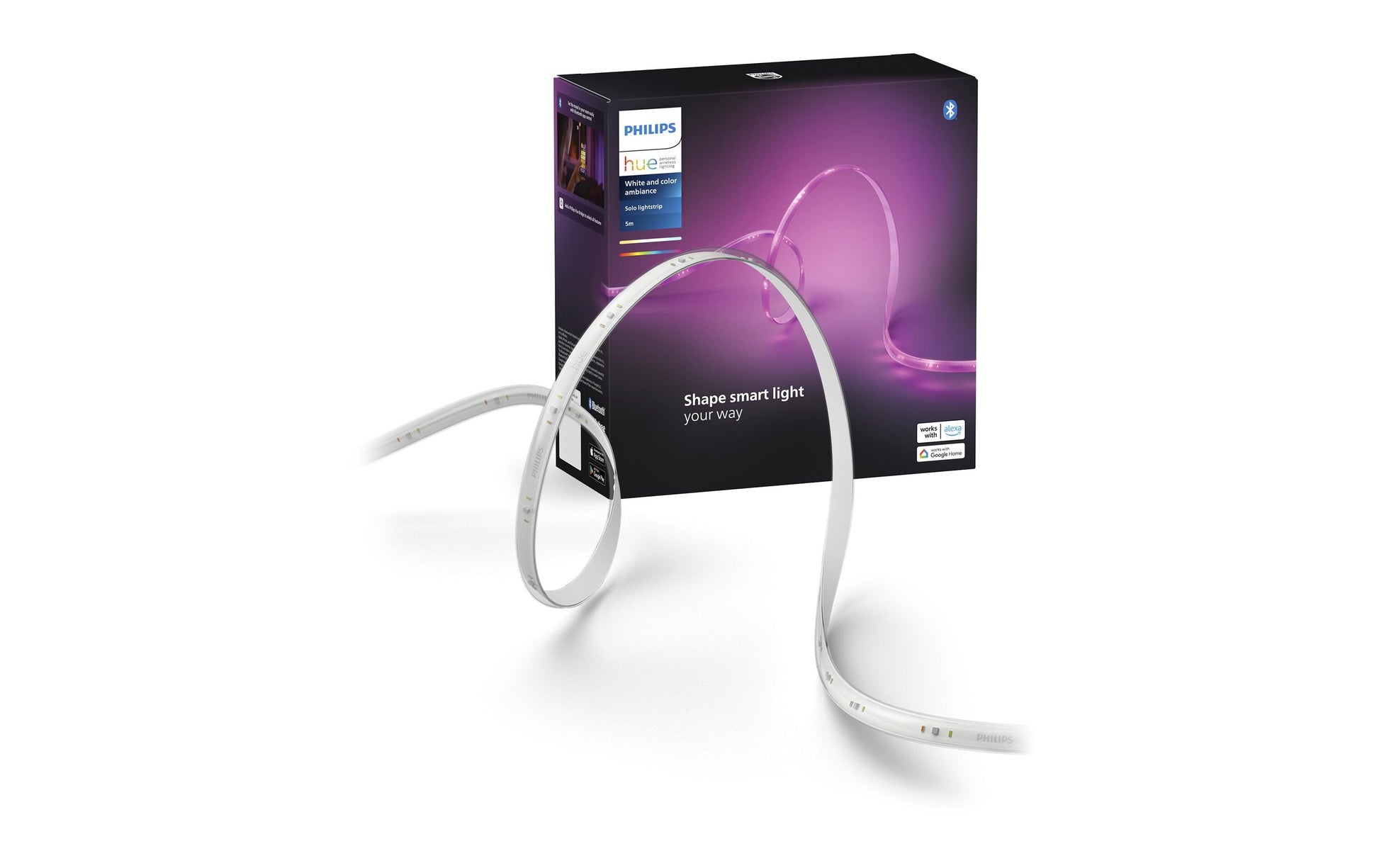 Philips by Signify Philips Hue LED-Strip Lightstrip Solo – 5 m, 1700 lm, 20 W, RGB, dimmbar, BT/Zigbee, weiss, mit Netzteil