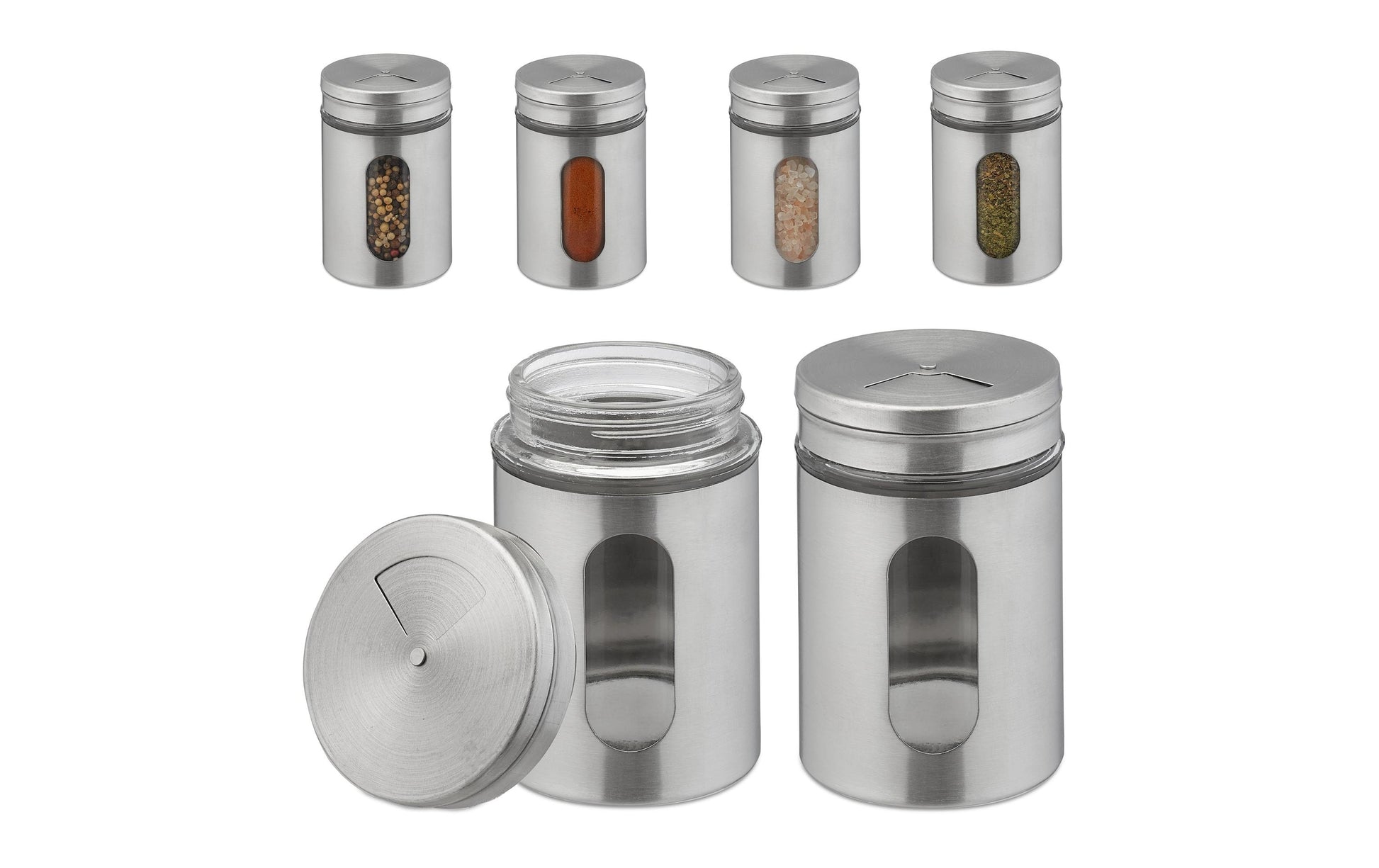 Relaxdays Streudose 290 ml, Ø 7 × 11 cm, Glas/Edelstahl, transparent/silber, 6 Stk.