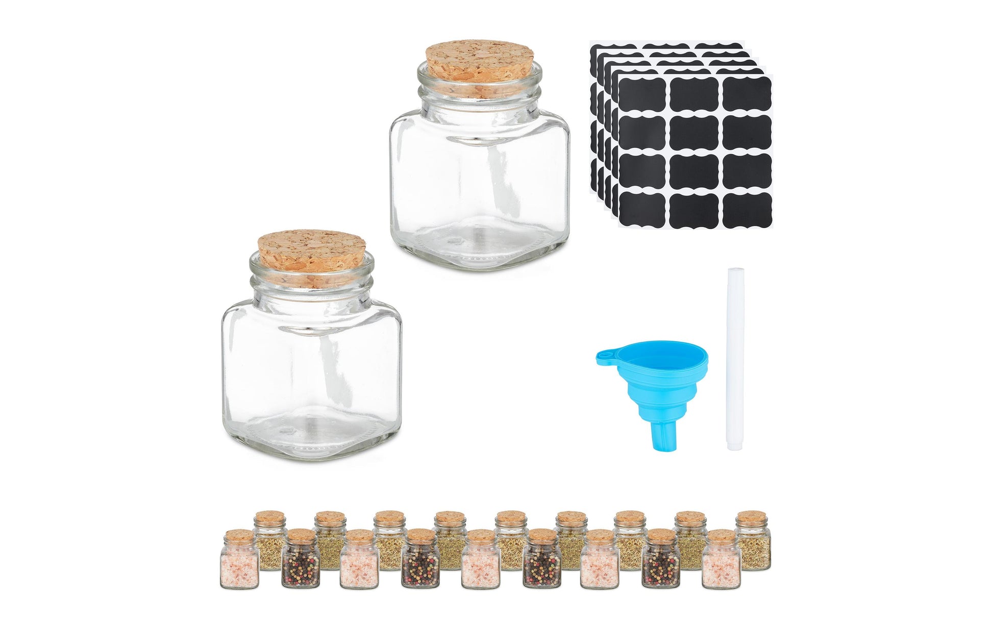 Relaxdays Gewürzglas 100 ml, Ø 5 × 7 cm, Glas/Kork/Silikon, 20 Stk., transparent
