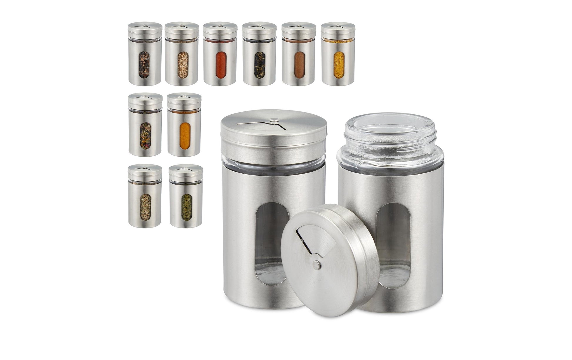 Relaxdays Streudose 80 ml, Glas/Kunststoff/Edelstahl, transparent/silber, 12 Stk.