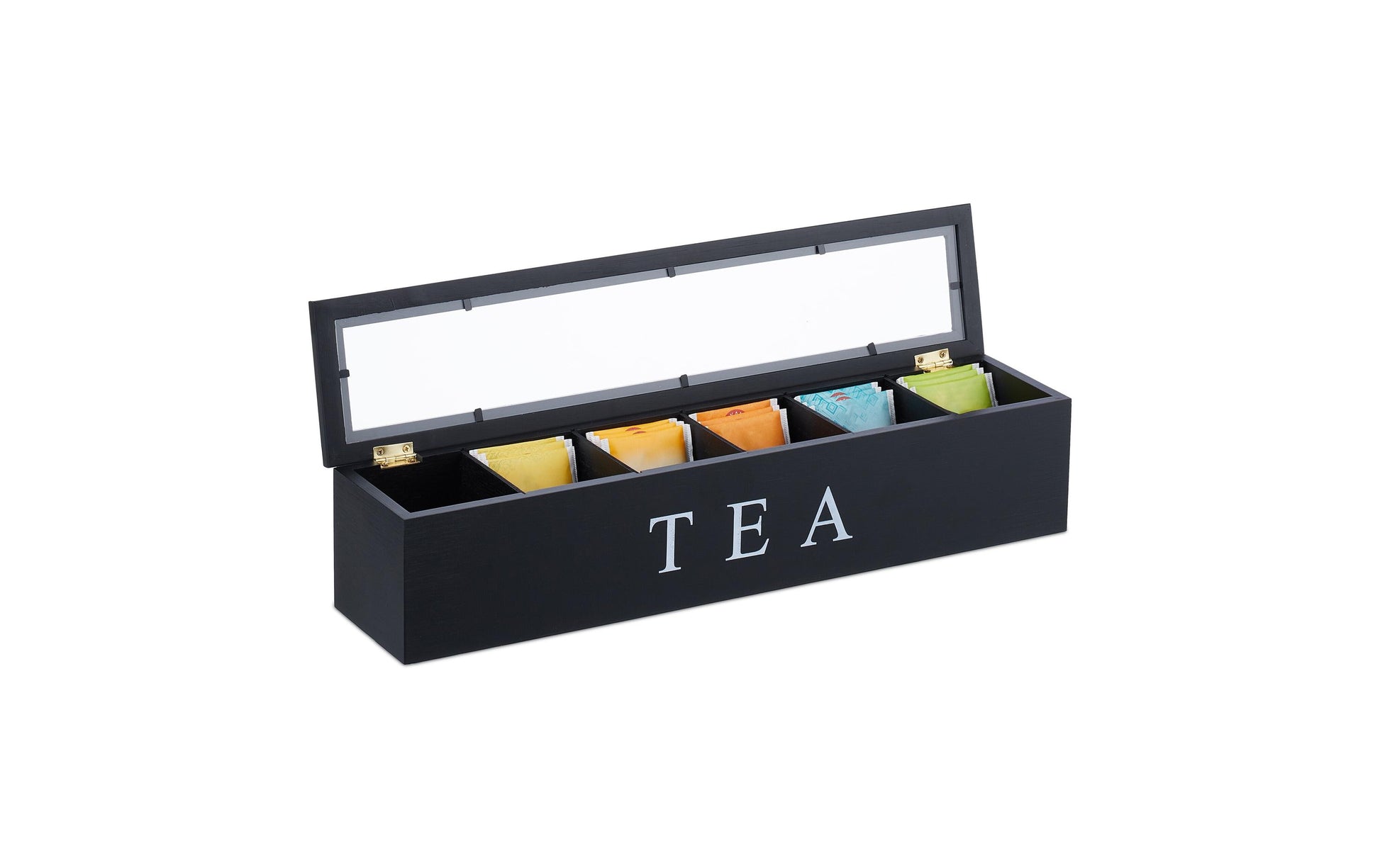 Relaxdays Teebeutelbox Bambus/Acryl, 6 Fächer, 43,5 × 9 × 9 cm, Schwarz/Transparent/Weiss