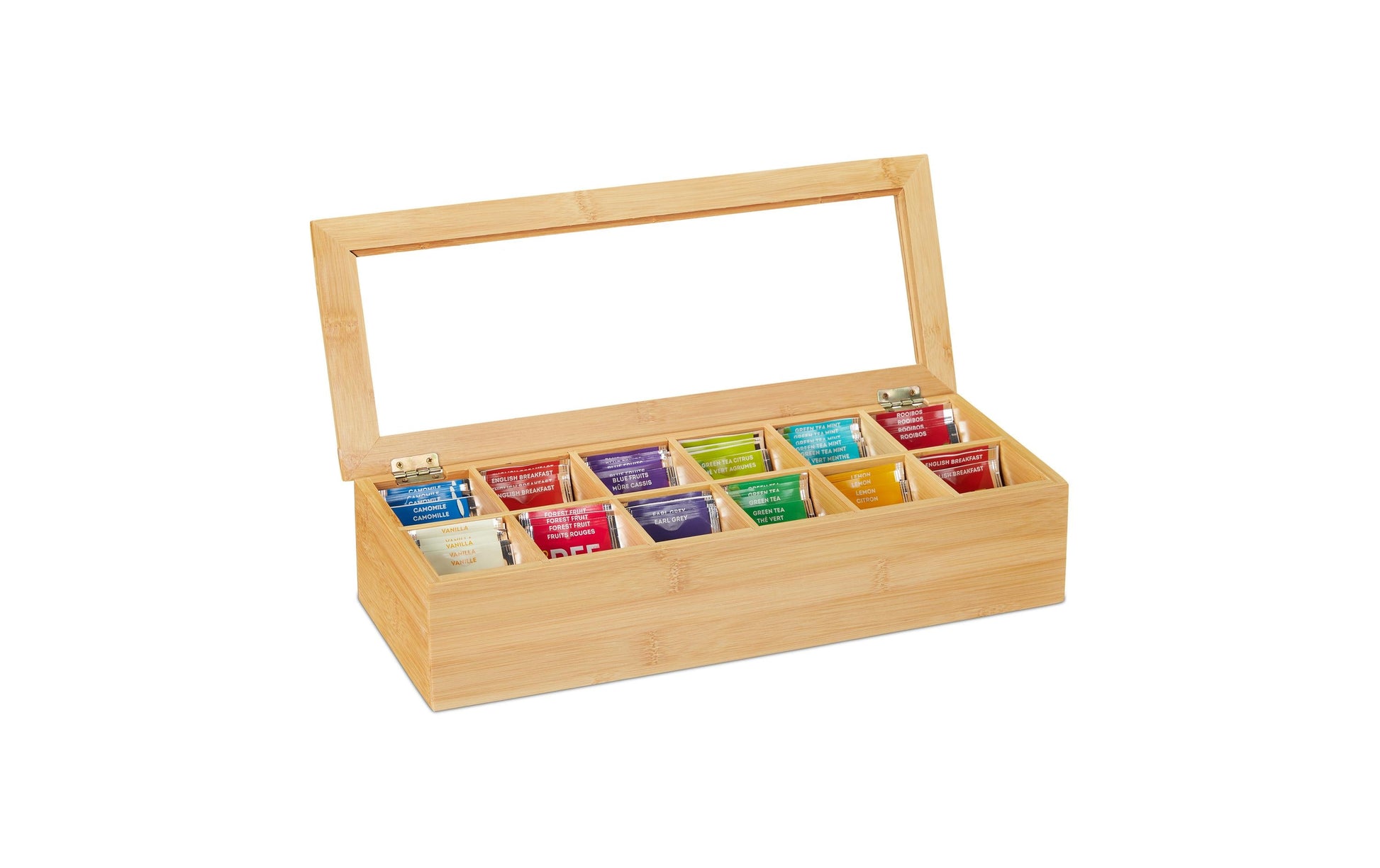 Relaxdays Teebeutelbox Bambus/Kunststoff, 12 Fächer, 41 × 16 × 9 cm, Hellbraun