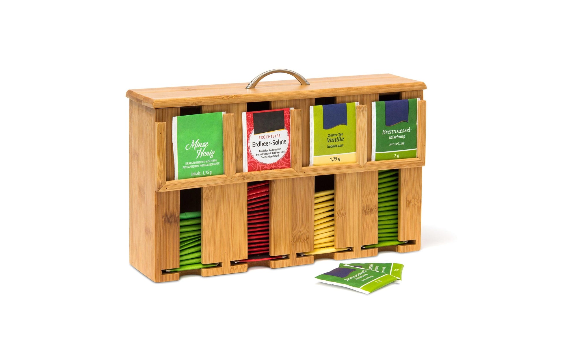 Relaxdays Teebeutelbox Bambus, 4 Fächer, 33,5 × 10 × 22 cm, Hellbraun