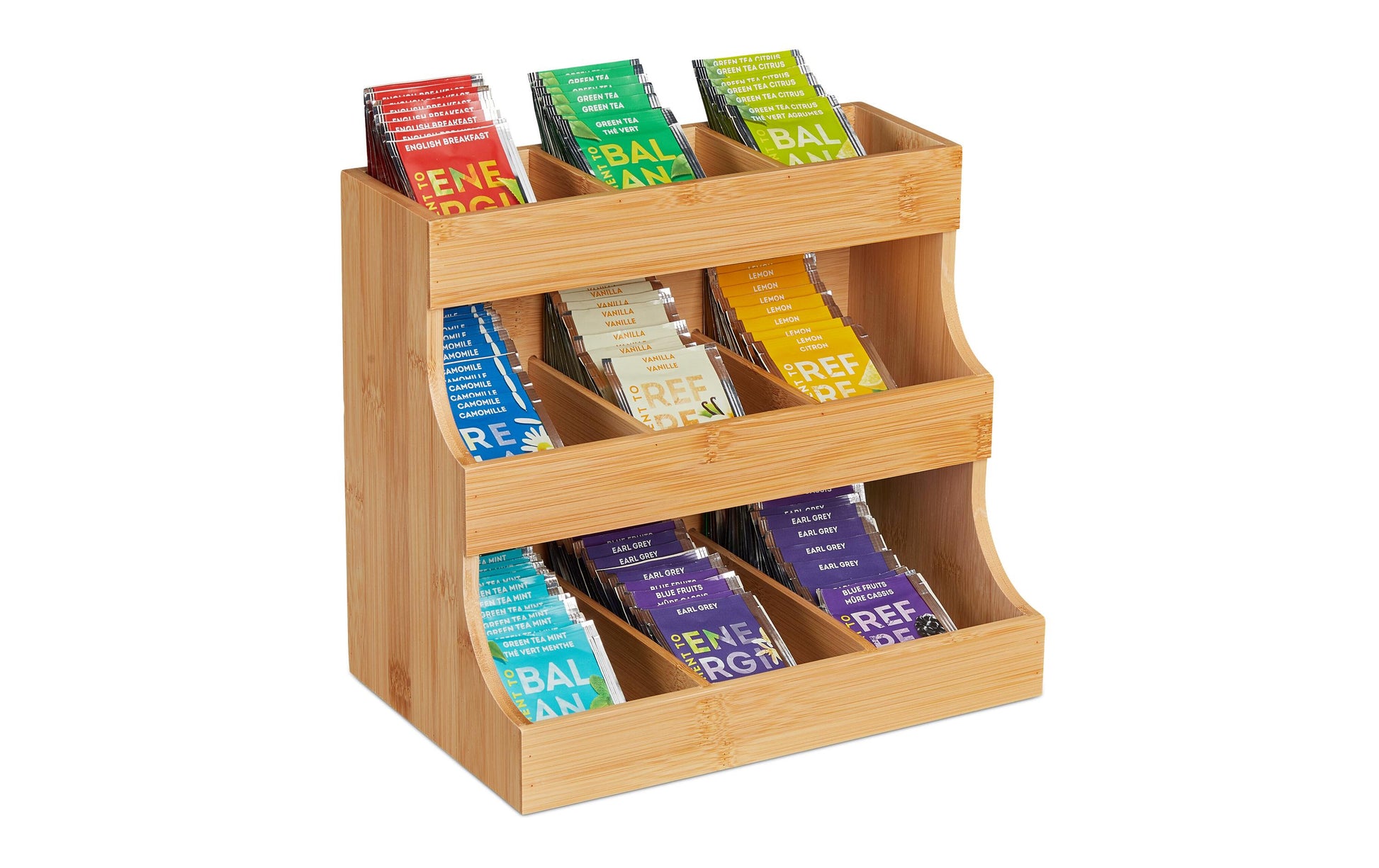 Relaxdays Teebeutelbox Bambus/MDF, 9 Fächer, 27 × 17,5 × 24 cm, natur