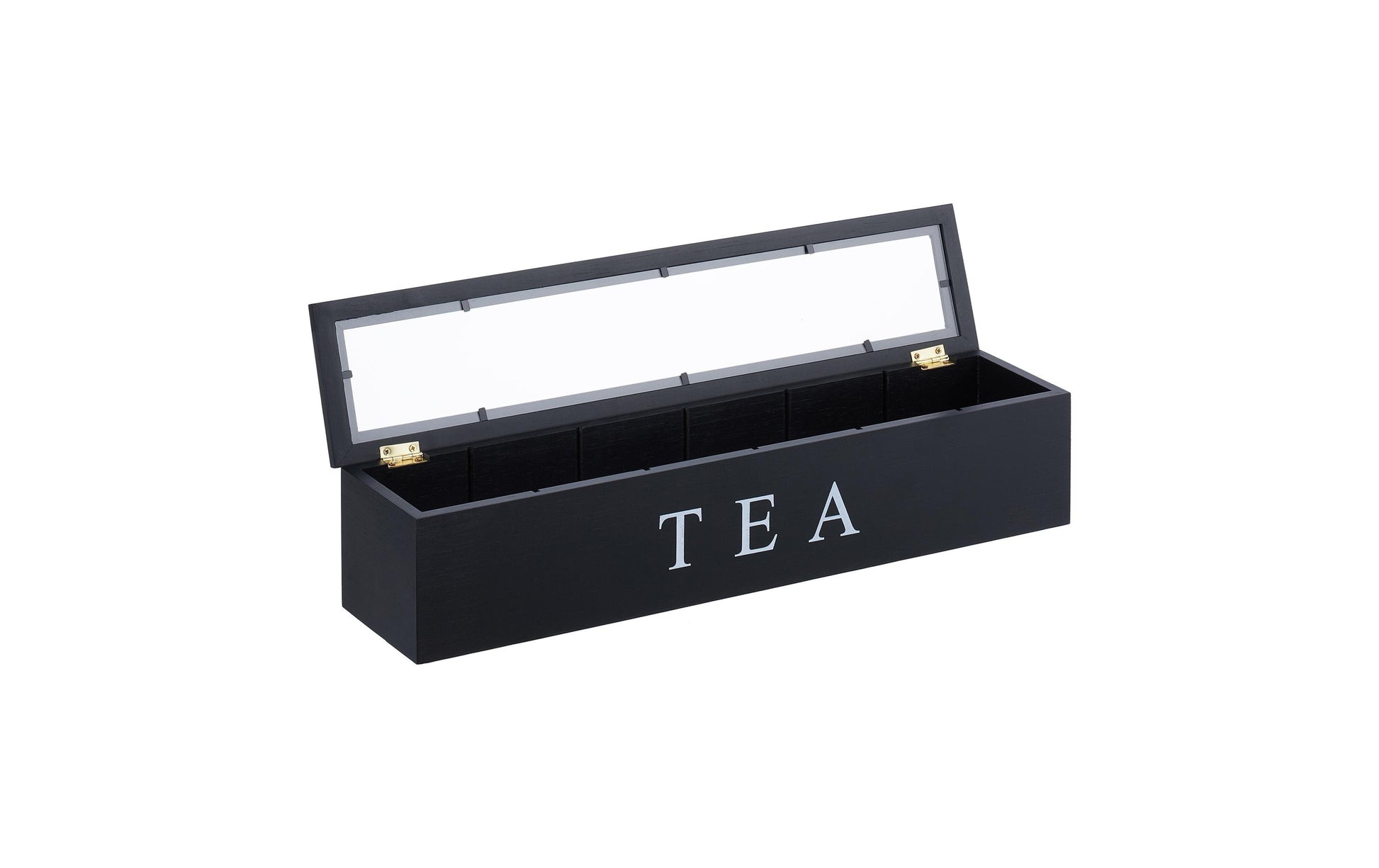 Relaxdays Teebeutelbox Bambus/Acryl, 6 Fächer, 43,5 × 9 × 9 cm, Schwarz/Transparent/Weiss