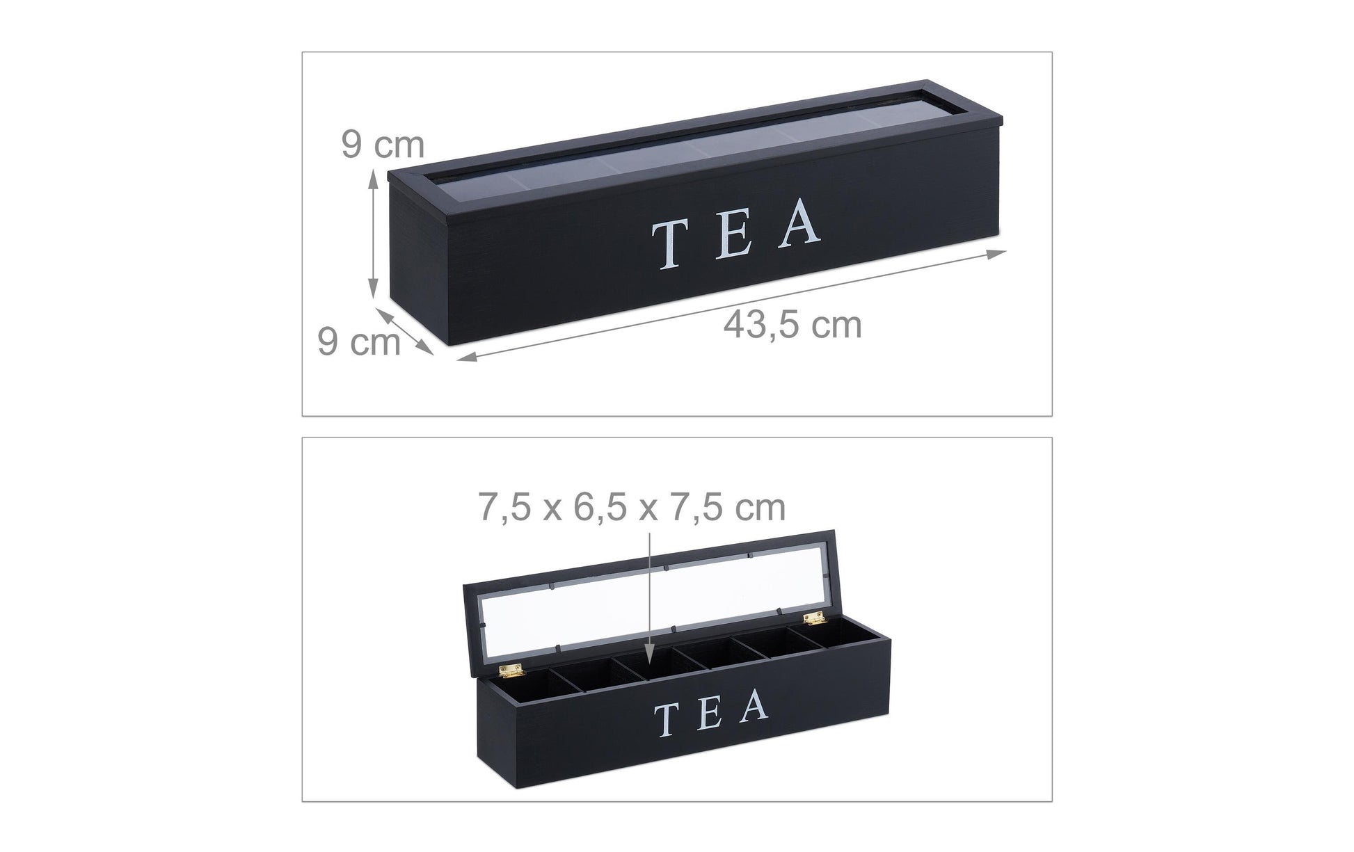 Relaxdays Teebeutelbox Bambus/Acryl, 6 Fächer, 43,5 × 9 × 9 cm, Schwarz/Transparent/Weiss