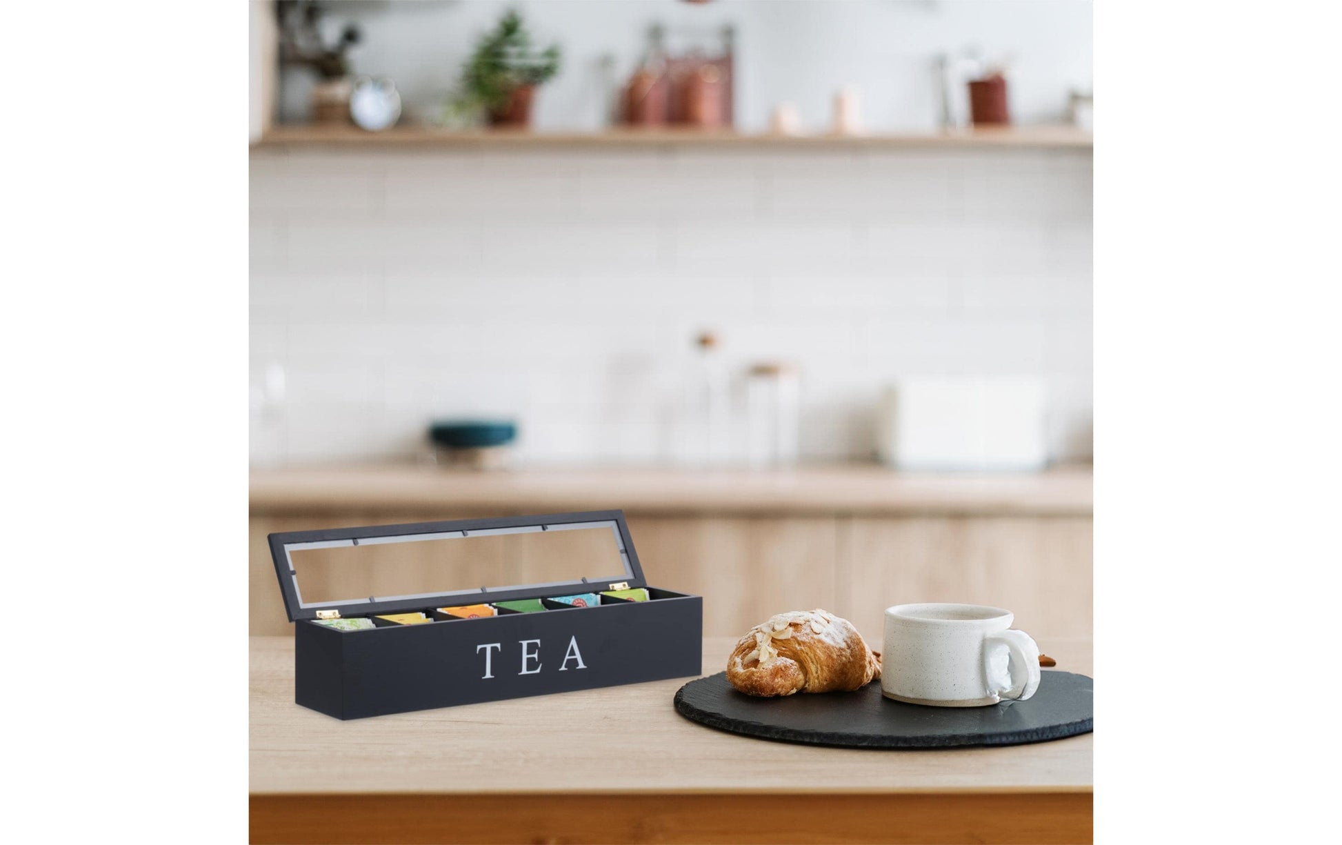 Relaxdays Teebeutelbox Bambus/Acryl, 6 Fächer, 43,5 × 9 × 9 cm, Schwarz/Transparent/Weiss