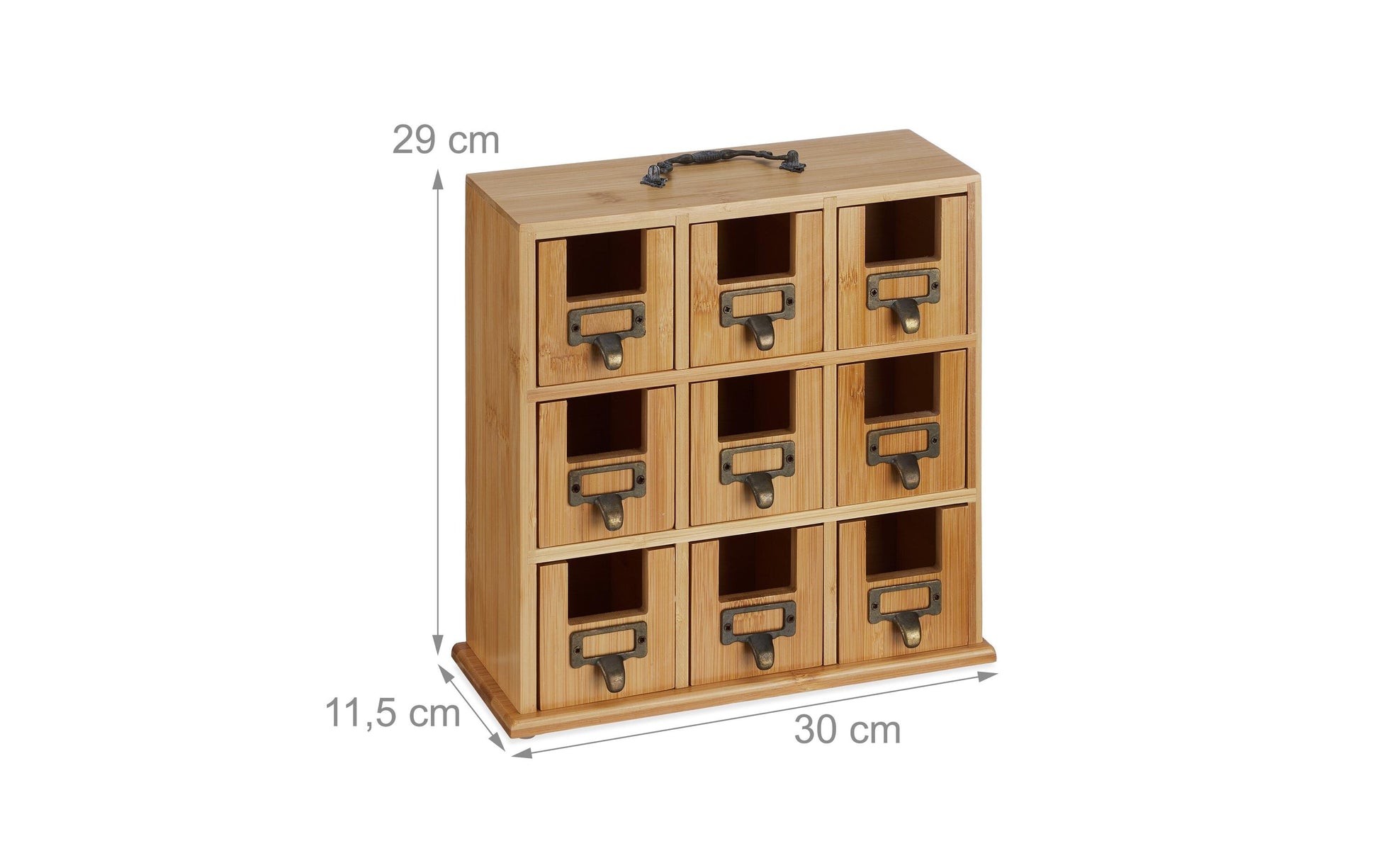 Relaxdays Teebeutelbox Bambus/Metall, 9 Fächer, 30 × 11,5 × 29 cm, Kupfer/Natur