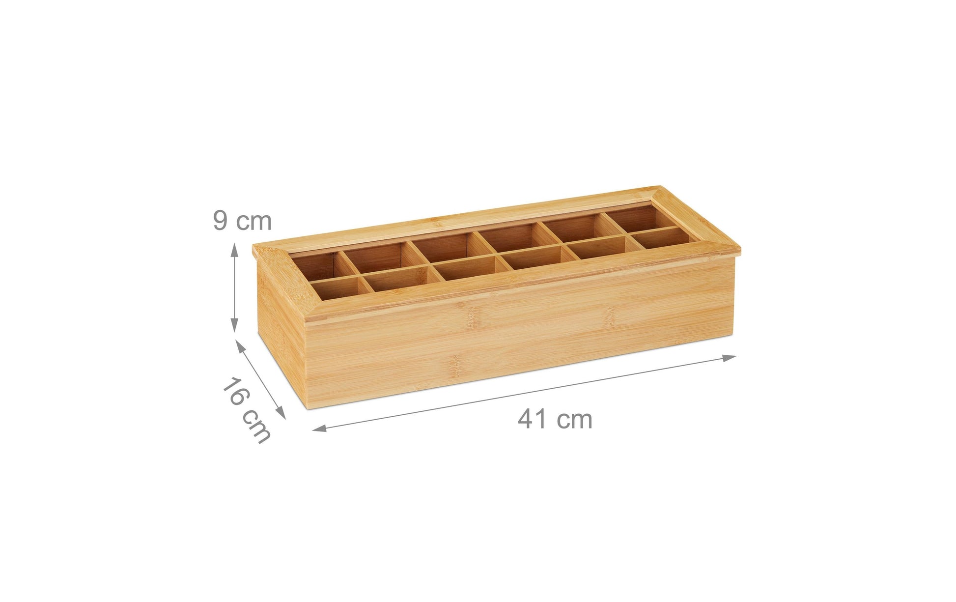 Relaxdays Teebeutelbox Bambus/Kunststoff, 12 Fächer, 41 × 16 × 9 cm, Hellbraun