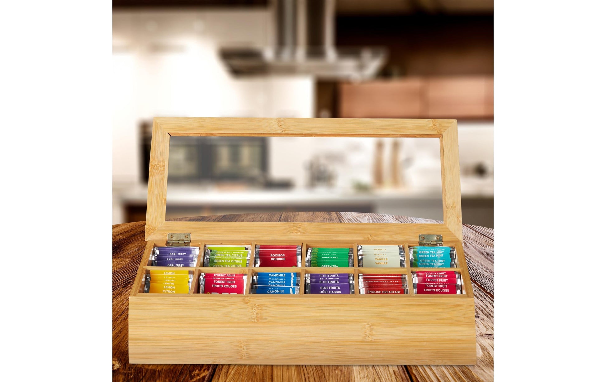 Relaxdays Teebeutelbox Bambus/Kunststoff, 12 Fächer, 41 × 16 × 9 cm, Hellbraun