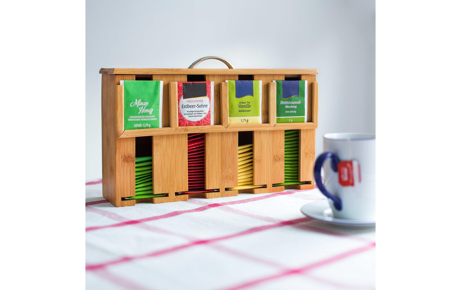 Relaxdays Teebeutelbox Bambus, 4 Fächer, 33,5 × 10 × 22 cm, Hellbraun