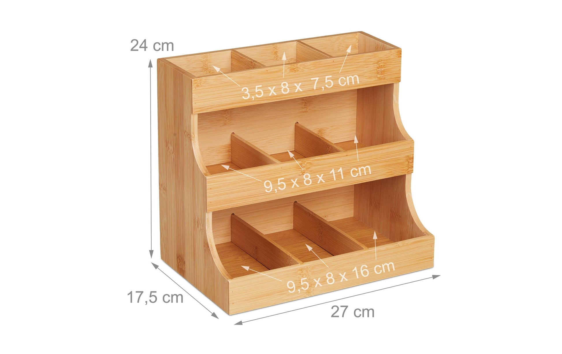 Relaxdays Teebeutelbox Bambus/MDF, 9 Fächer, 27 × 17,5 × 24 cm, natur