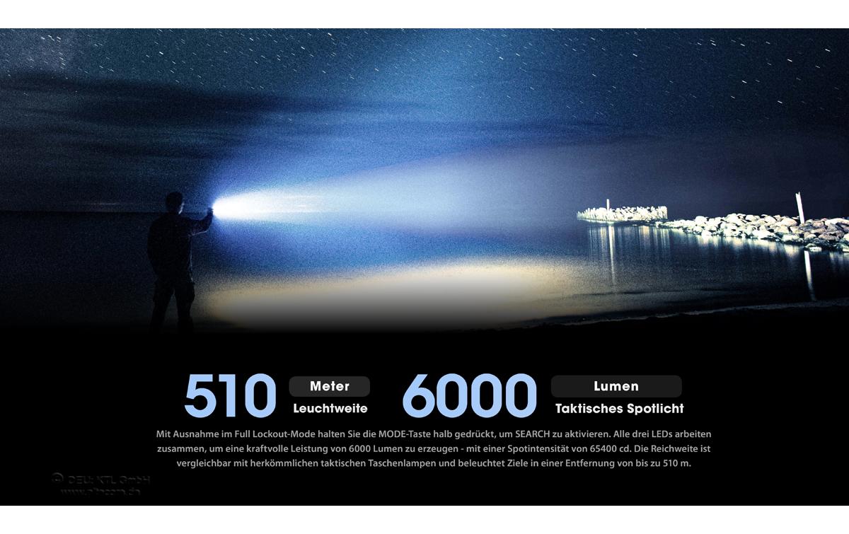 Nitecore Taschenlampe TM9K – 9900 lm, 510 m, IP68, USB, Akku, Modi – Schwarz