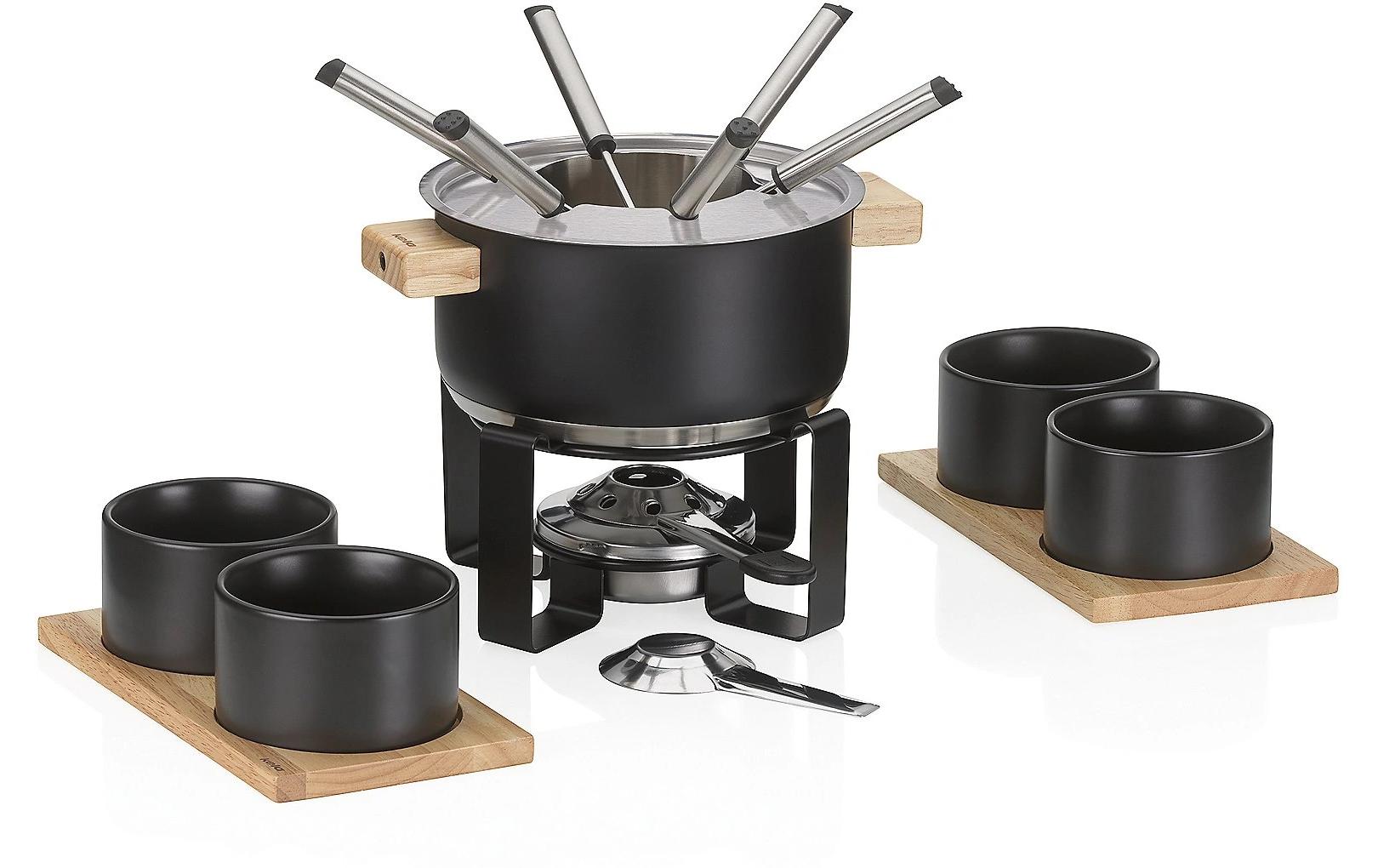 Kela Fondue-Set – Ø 20 cm, Edelstahl, für Fondue Bourguignonne, Glaskeramik, Schwarz, 6 Personen, 16 Teile