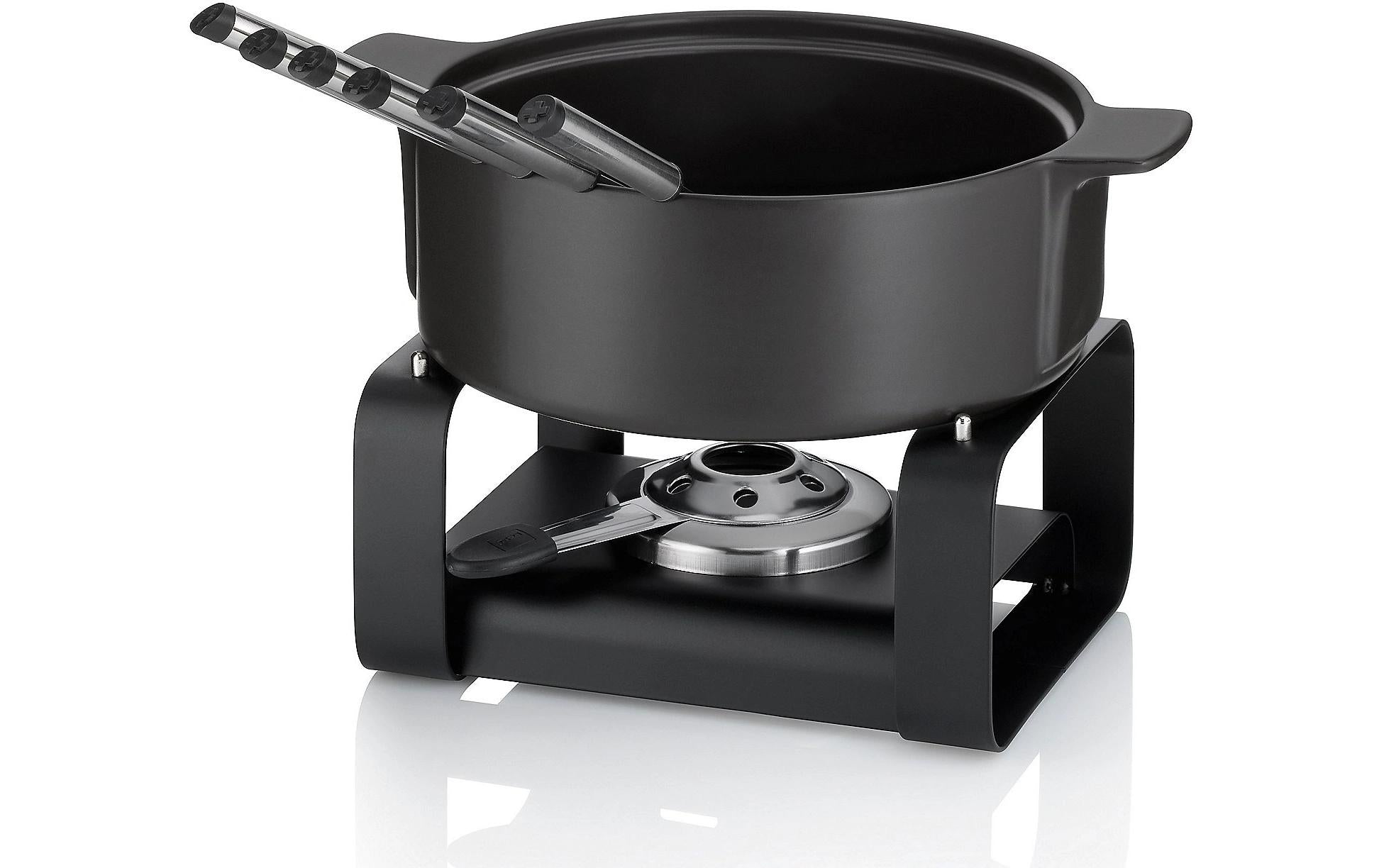 Kela Fondue-Set Roman – Ø 22,5 cm, Steingut, für Käsefondue, Gas, Schwarz, 6 Personen, 9 Teile