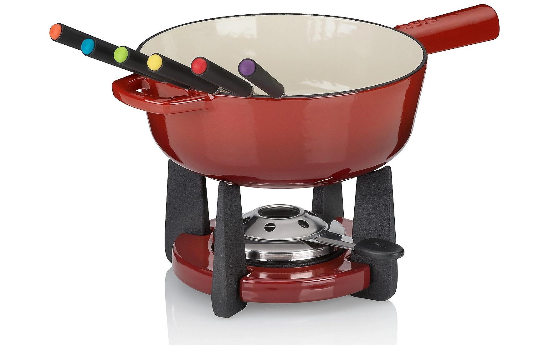 Kela Fondue-Set – Ø 20 cm, Gusseisen, für Käsefondue, Halogen, Rot, 6 Personen, 11 Teile