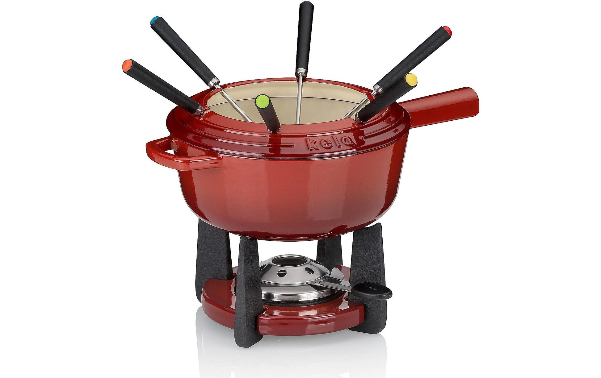 Kela Fondue-Set – Ø 20 cm, Gusseisen, für Käsefondue, Elektro, Rot, 6 Pers., 11 Teile