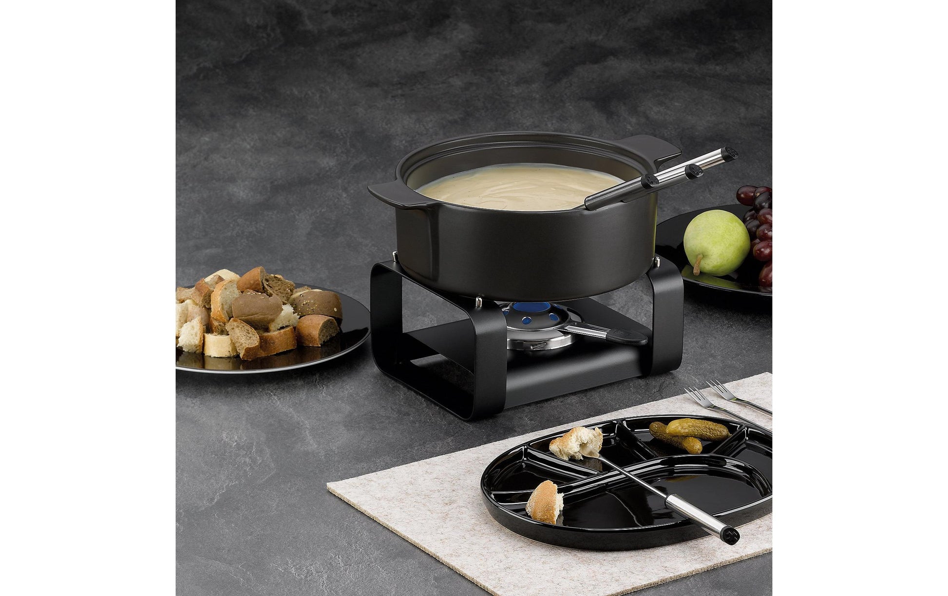 Kela Fondue-Set Roman – Ø 22,5 cm, Steingut, für Käsefondue, Gas, Schwarz, 6 Personen, 9 Teile