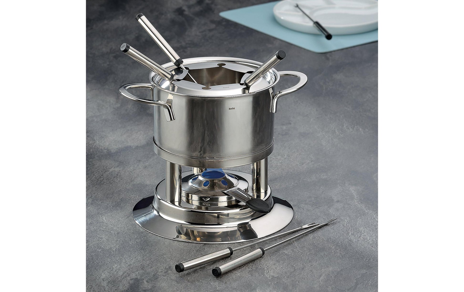 Kela Fondue-Set Cailin – Ø 22 cm, Edelstahl – für Fondue Bourguignonne, Glaskeramik – 6 Personen, 10 Teile