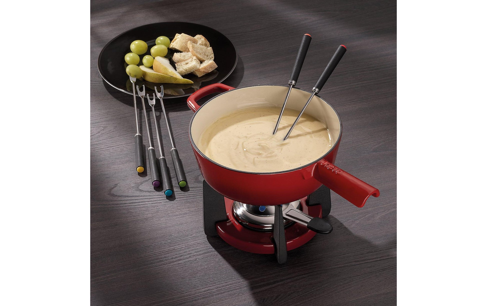 Kela Fondue-Set – Ø 20 cm, Gusseisen, für Käsefondue, Halogen, Rot, 6 Personen, 11 Teile