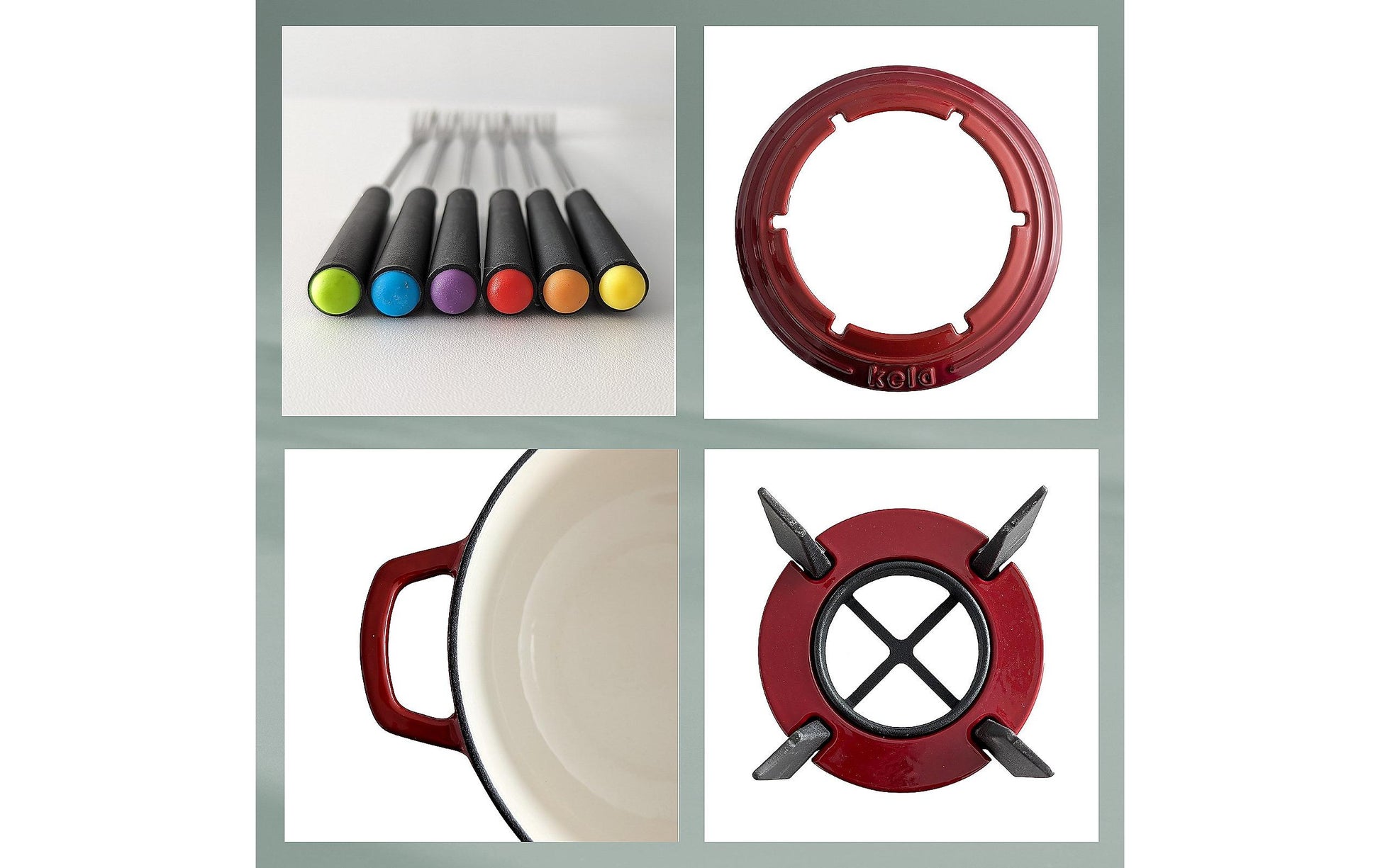 Kela Fondue-Set – Ø 20 cm, Gusseisen, für Käsefondue, Elektro, Rot, 6 Pers., 11 Teile
