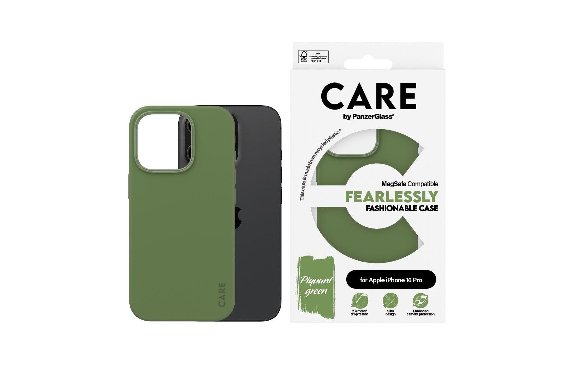 PanzerGlass CARE Backcover – für Apple iPhone 16 Pro, MagSafe, Recycling-Kunststoff, grün