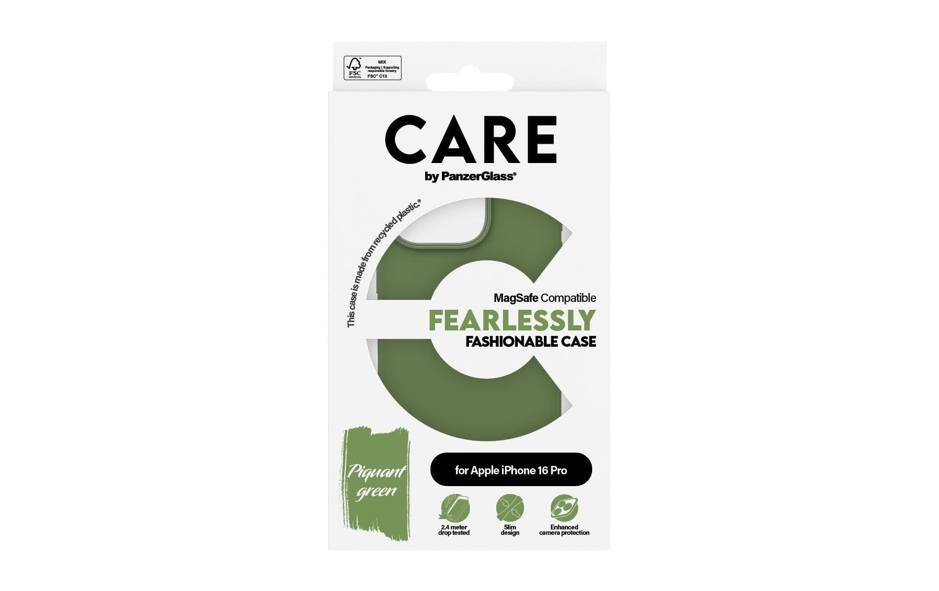 PanzerGlass CARE Backcover – für Apple iPhone 16 Pro, MagSafe, Recycling-Kunststoff, grün