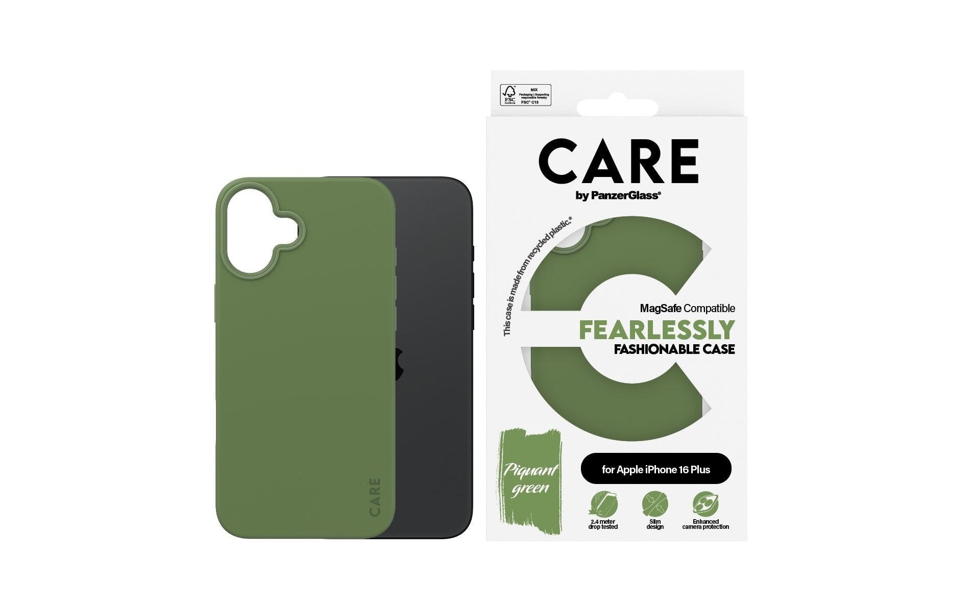 PanzerGlass CARE Backcover – für Apple iPhone 16 Plus, MagSafe, Recycling-Kunststoff, grün
