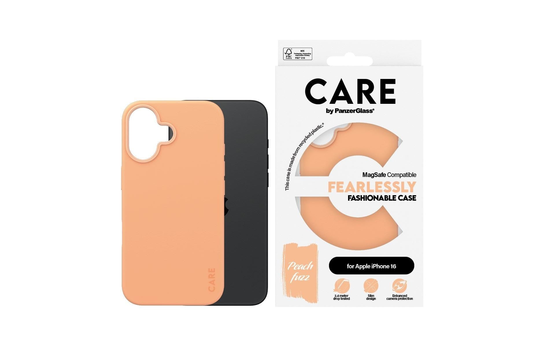PanzerGlass CARE Backcover – für Apple iPhone 16, MagSafe, Recycling-Kunststoff, Peachy
